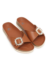 JEWELED BUCKLE SLIDES-CAMEL