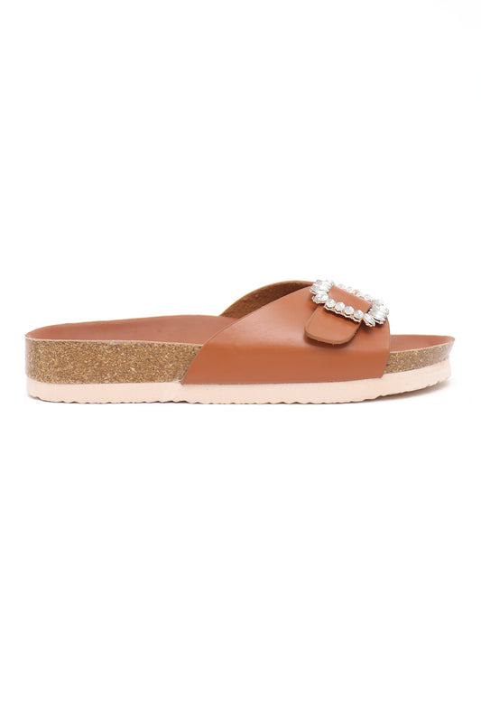 JEWELED BUCKLE SLIDES-CAMEL