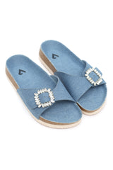 JEWELED BUCKLE SLIDES-BLUE JEANS