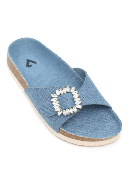 JEWELED BUCKLE SLIDES-BLUE JEANS