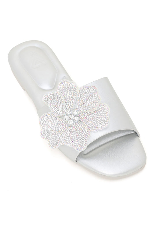 FLORAL SHIMMER SLIDES-SILVER