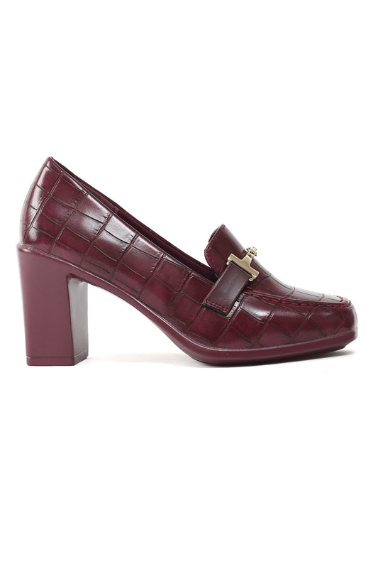 CROC-EMBOSSED BLOCK HEEL LOAFERS-MAROON