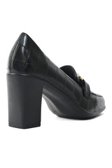 CROC-EMBOSSED BLOCK HEEL LOAFERS-BLACK