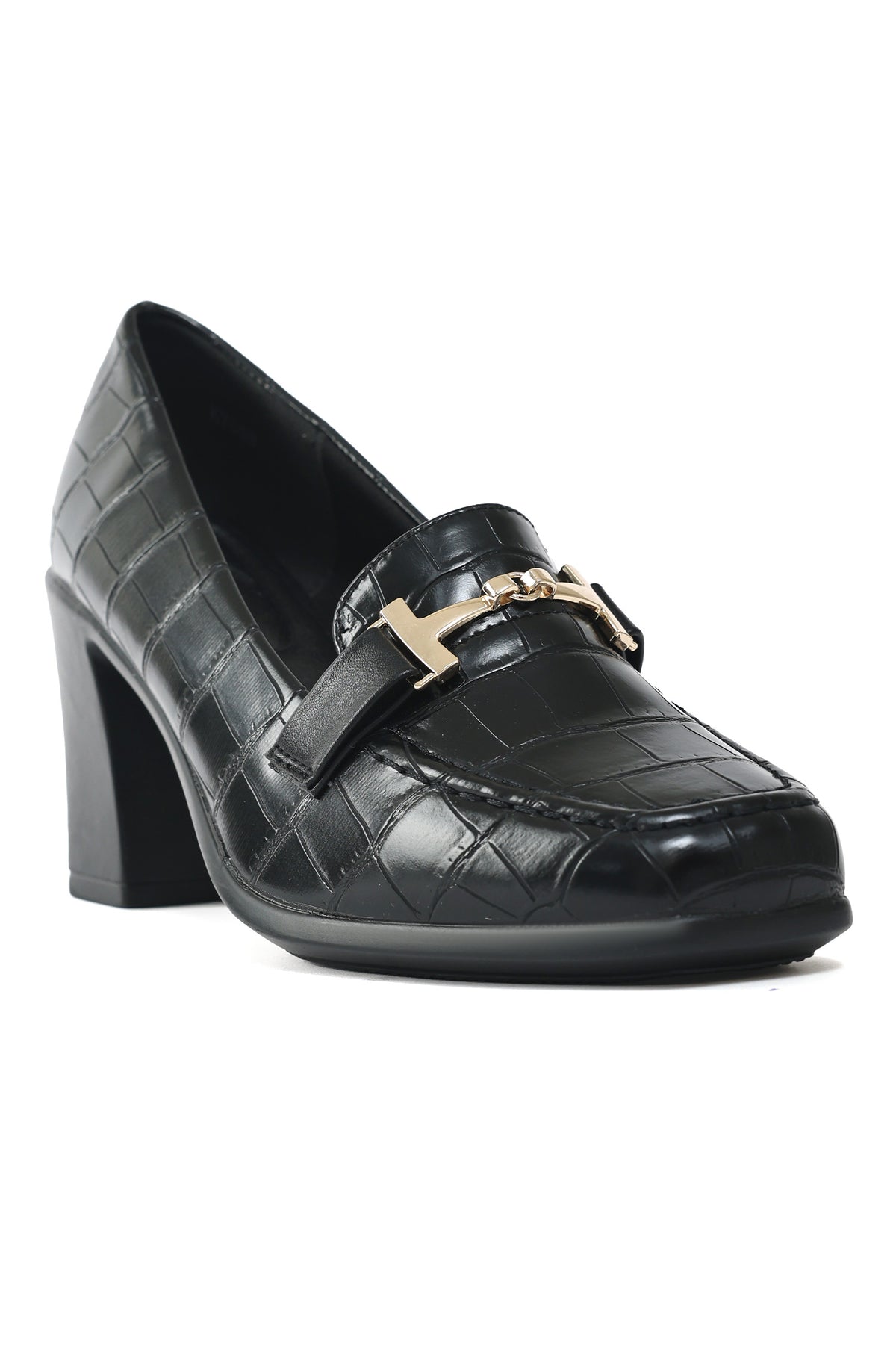 CROC-EMBOSSED BLOCK HEEL LOAFERS-BLACK