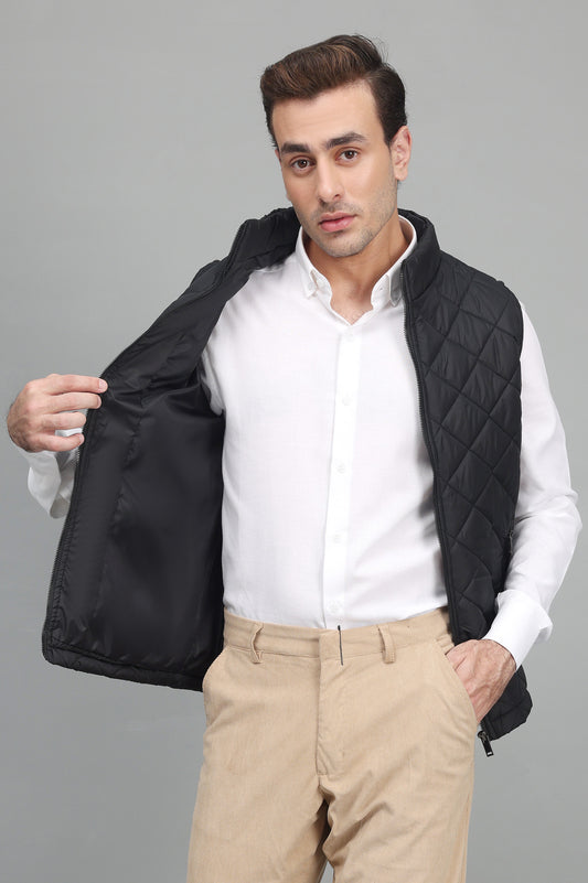 QUILTED SLEEVELESS JACKET-BLACK