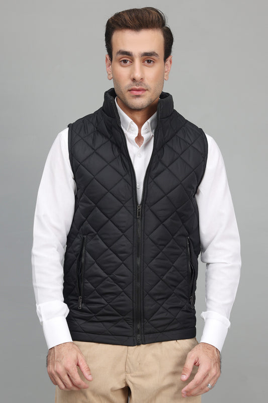 QUILTED SLEEVELESS JACKET-BLACK