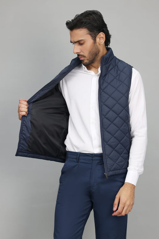 QUILTED SLEEVELESS JACKET-NAVY