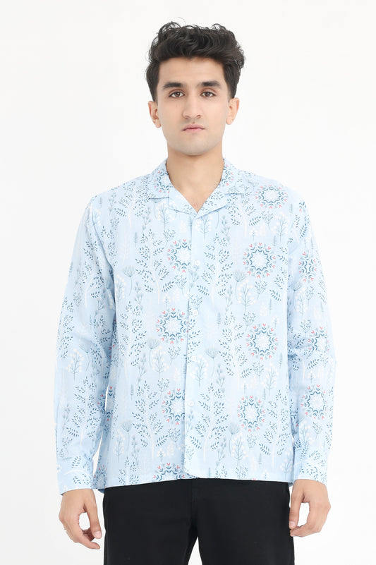 FLORAL PRINT RELAXED SHIRT-SKY-BLUE