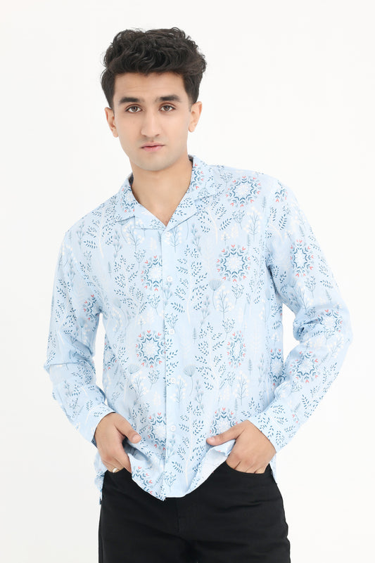 FLORAL PRINT RELAXED SHIRT-SKY-BLUE