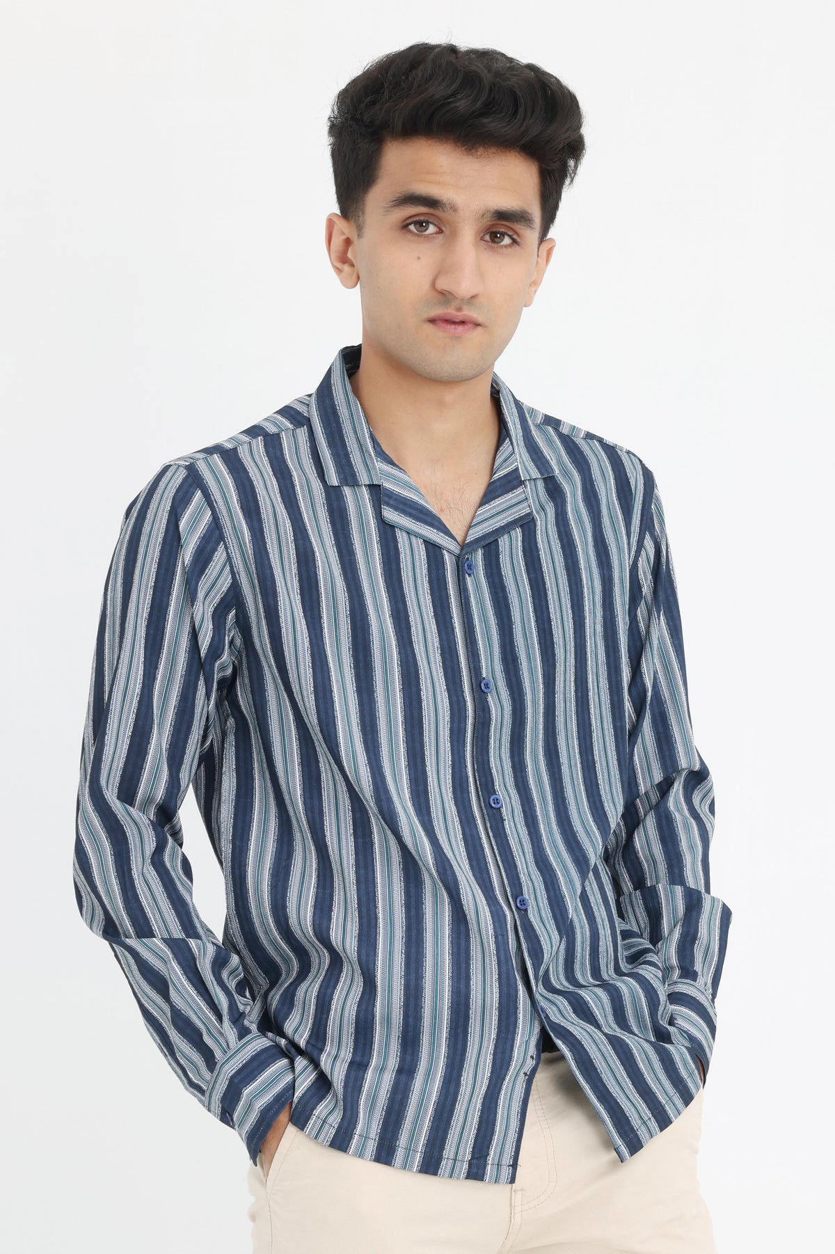 STRIPED COTTON-LINEN SHIRT-NAVY-GREEN