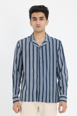 STRIPED COTTON-LINEN SHIRT-NAVY-GREEN