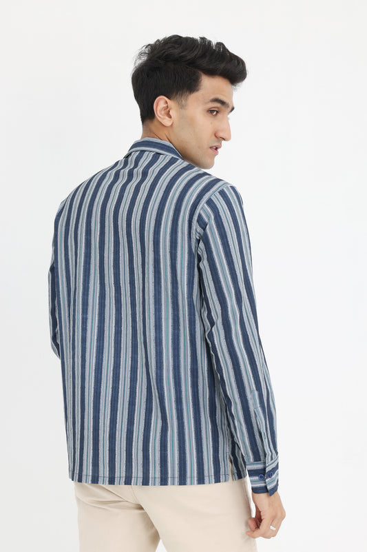 STRIPED COTTON-LINEN SHIRT-NAVY-GREEN