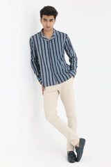 STRIPED COTTON-LINEN SHIRT-NAVY-GREEN