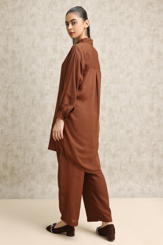 FLOWY LONG SHIRT & TROUSER DUO-BROWN