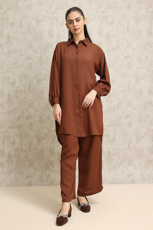 FLOWY LONG SHIRT & TROUSER DUO-BROWN