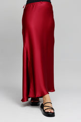 SATIN ELEGANCE MAXI SKIRT-MAROON