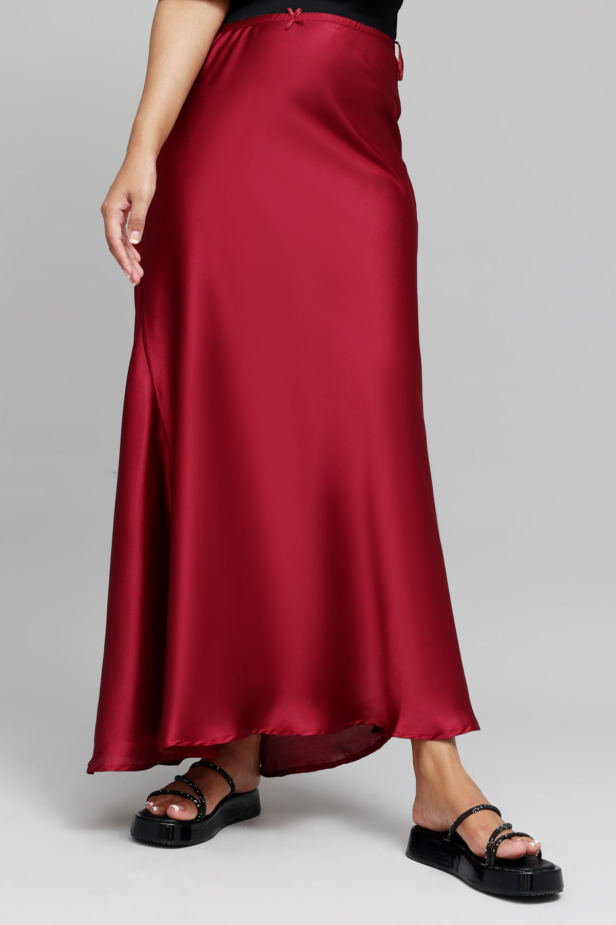 SATIN ELEGANCE MAXI SKIRT-MAROON