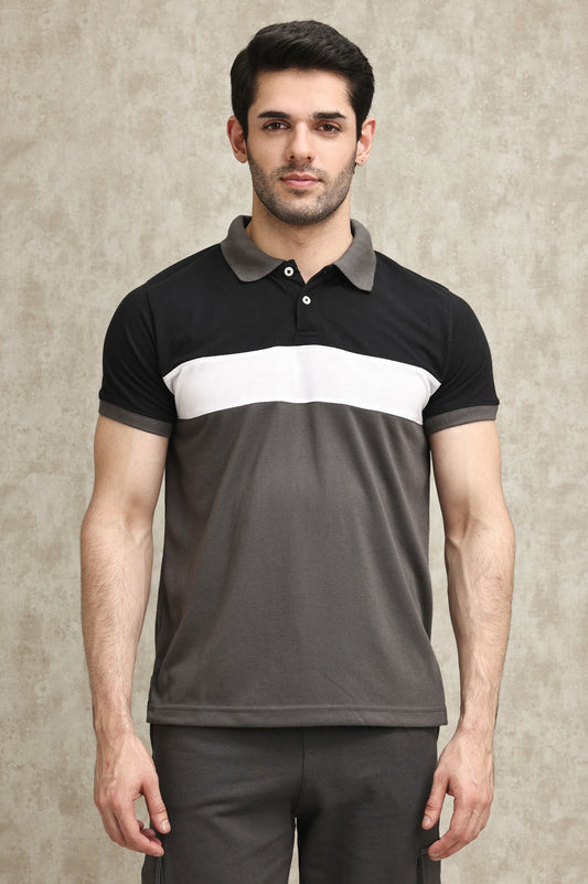 TRIPLE-TONE COLOR BLOCK PIQUE POLO SHIRT-BLK-WHT-GREY