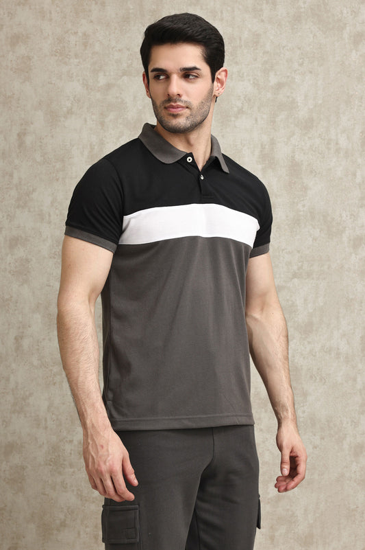 TRIPLE-TONE COLOR BLOCK PIQUE POLO SHIRT-BLK-WHT-GREY