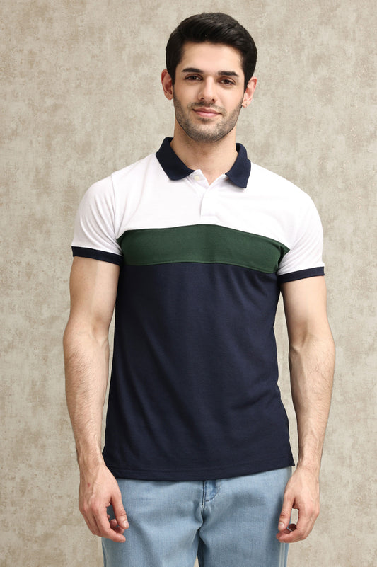 TRIPLE-TONE COLOR BLOCK PIQUE POLO SHIRT-WHT-GRN-NAVY