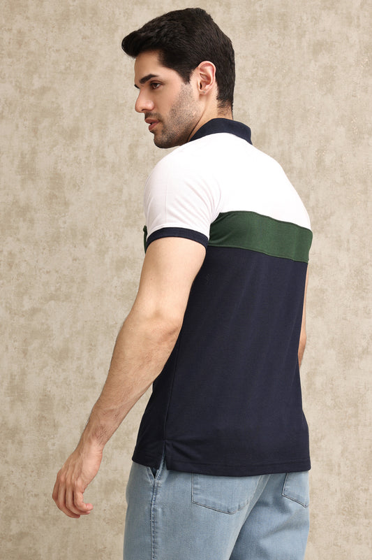 TRIPLE-TONE COLOR BLOCK PIQUE POLO SHIRT-WHT-GRN-NAVY