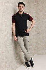 CONTRAST PANEL SPORTS POLO SHIRT-BLK-MAROON