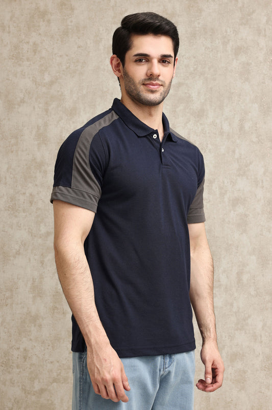 CONTRAST PANEL SPORTS POLO SHIRT-NAVY-GREY