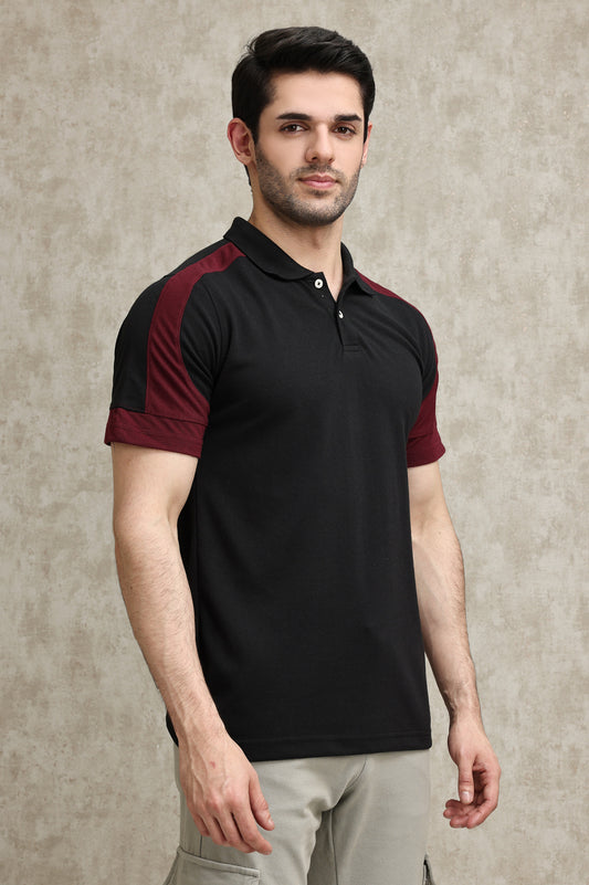 CONTRAST PANEL SPORTS POLO SHIRT-BLK-MAROON