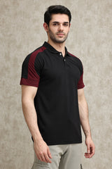 CONTRAST PANEL SPORTS POLO SHIRT-BLK-MAROON