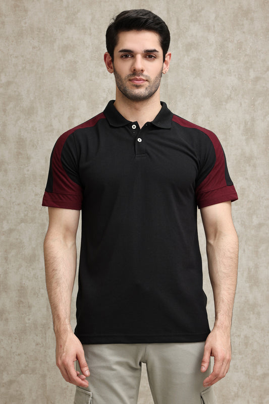 CONTRAST PANEL SPORTS POLO SHIRT-BLK-MAROON