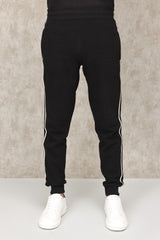 TEXTURED TRACK PANTS WITH CONTRAST PIPING-BLACK