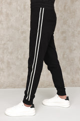 TEXTURED TRACK PANTS WITH CONTRAST PIPING-BLACK