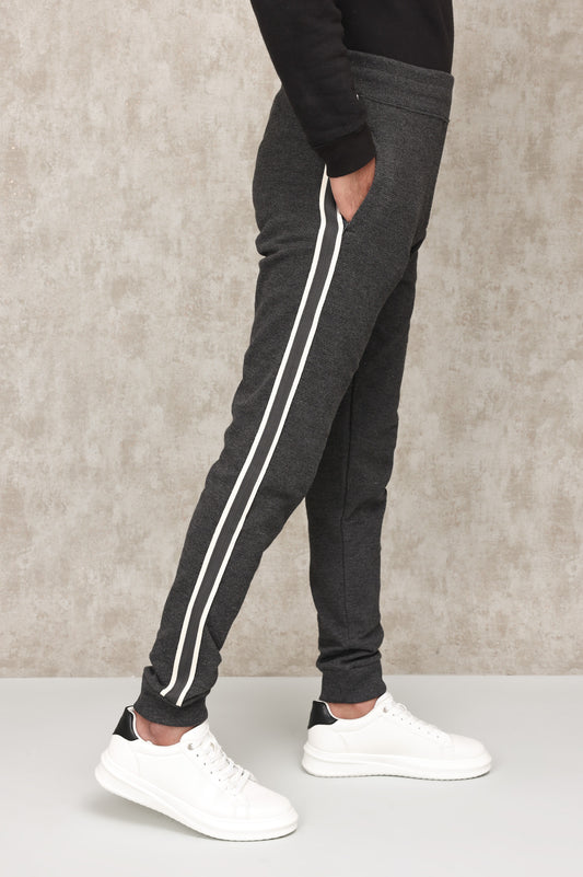 TEXTURED TRACK PANTS WITH CONTRAST PIPING-CHARCOAL