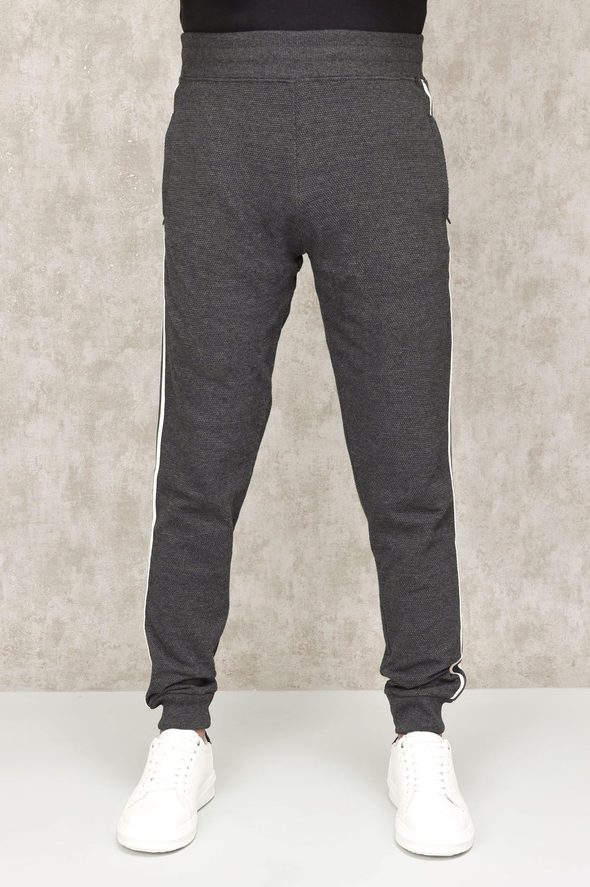 TEXTURED TRACK PANTS WITH CONTRAST PIPING-CHARCOAL