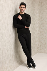 LIGHT GREY WAFFLE-KNIT CREW SWEATSHIRT-BLACK