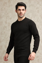 LIGHT GREY WAFFLE-KNIT CREW SWEATSHIRT-BLACK