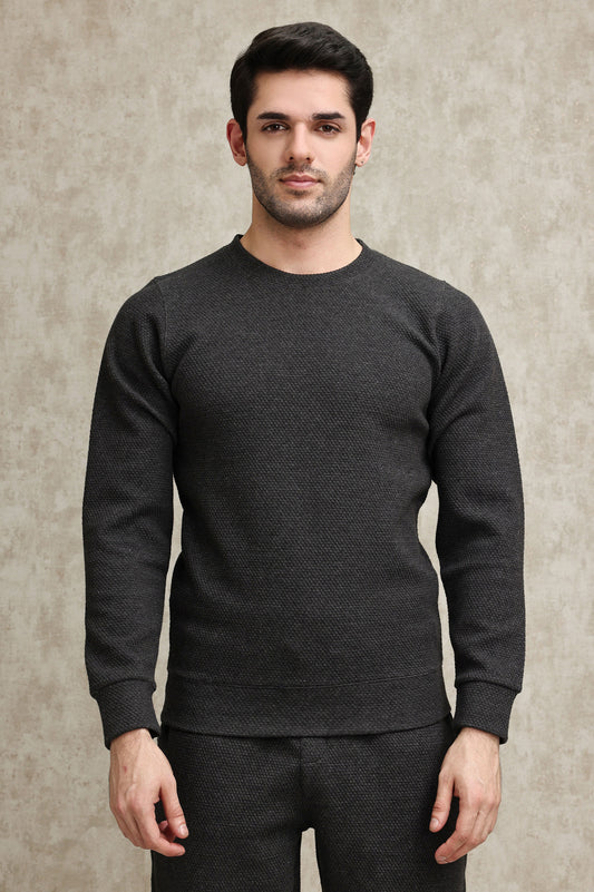 LIGHT GREY WAFFLE-KNIT CREW SWEATSHIRT-CHARCOAL