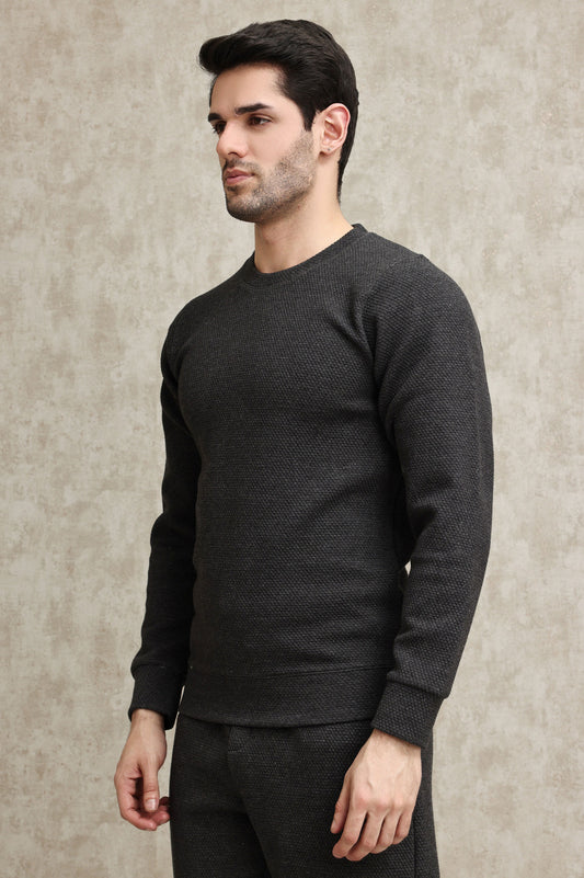 LIGHT GREY WAFFLE-KNIT CREW SWEATSHIRT-CHARCOAL