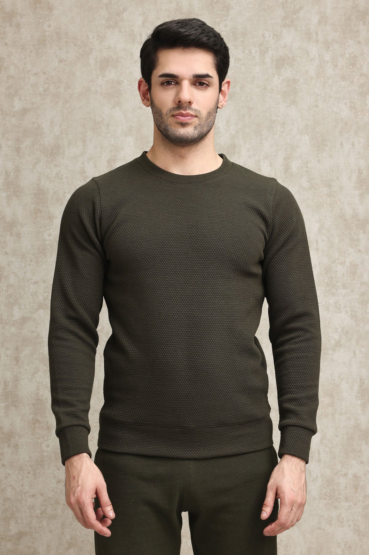 LIGHT GREY WAFFLE-KNIT CREW SWEATSHIRT-OLIVE