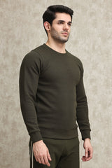 LIGHT GREY WAFFLE-KNIT CREW SWEATSHIRT-OLIVE