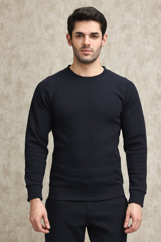 LIGHT GREY WAFFLE-KNIT CREW SWEATSHIRT-NAVY