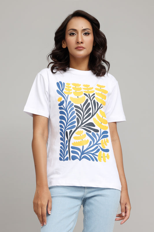 ECO-CHIC TROPICAL LEAF GRAPHIC T-SHIRT-BLUE/YELLOW