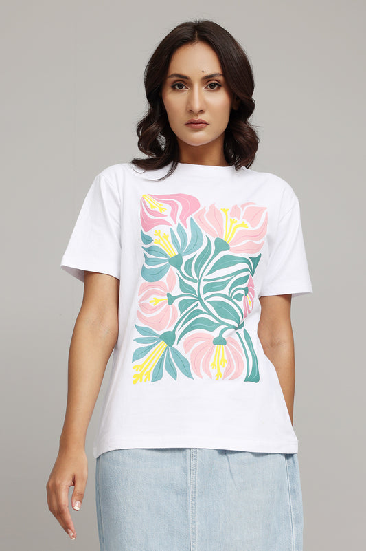 ECO-CHIC TROPICAL LEAF GRAPHIC T-SHIRT-PINK/GREEN