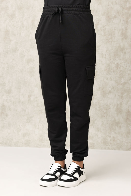 ELASTICATED CARGO TROUSER WITH DRAWSTRING WAIST-BLACK