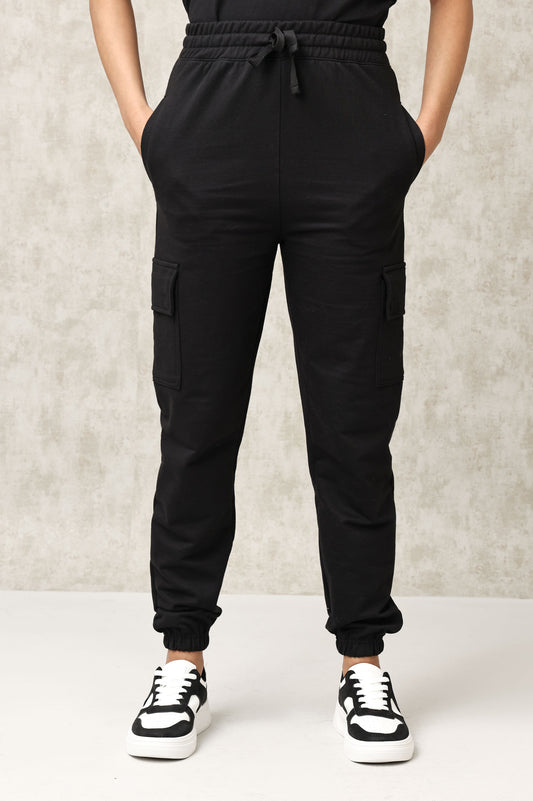 ELASTICATED CARGO TROUSER WITH DRAWSTRING WAIST-BLACK