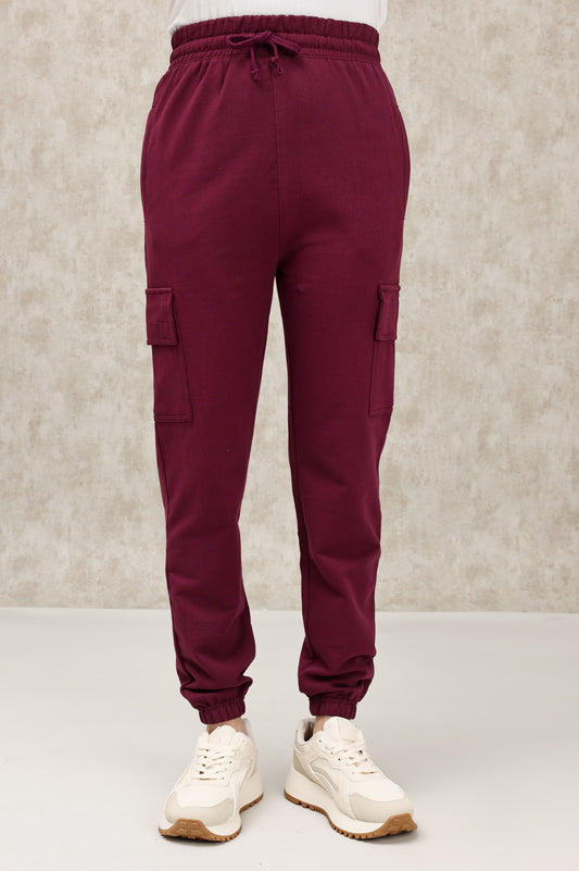 ELASTICATED CARGO TROUSER WITH DRAWSTRING WAIST-BURGANDY