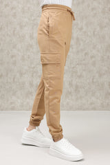 ELASTICATED CARGO TROUSER WITH DRAWSTRING WAIST-KHAKI