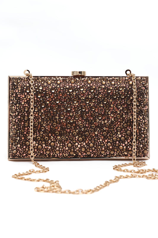 Crystal-Embellished Box Clutch-Chocolate