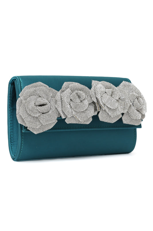 Floral Satin Evening Clutch-Green/Silv