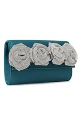 Floral Satin Evening Clutch-Green/Silv